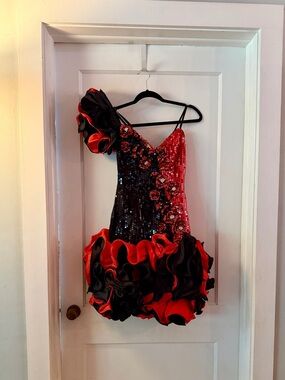 ALYCE Sequin One-Shoulder Ruffle Ballroom Dress in Red and Black